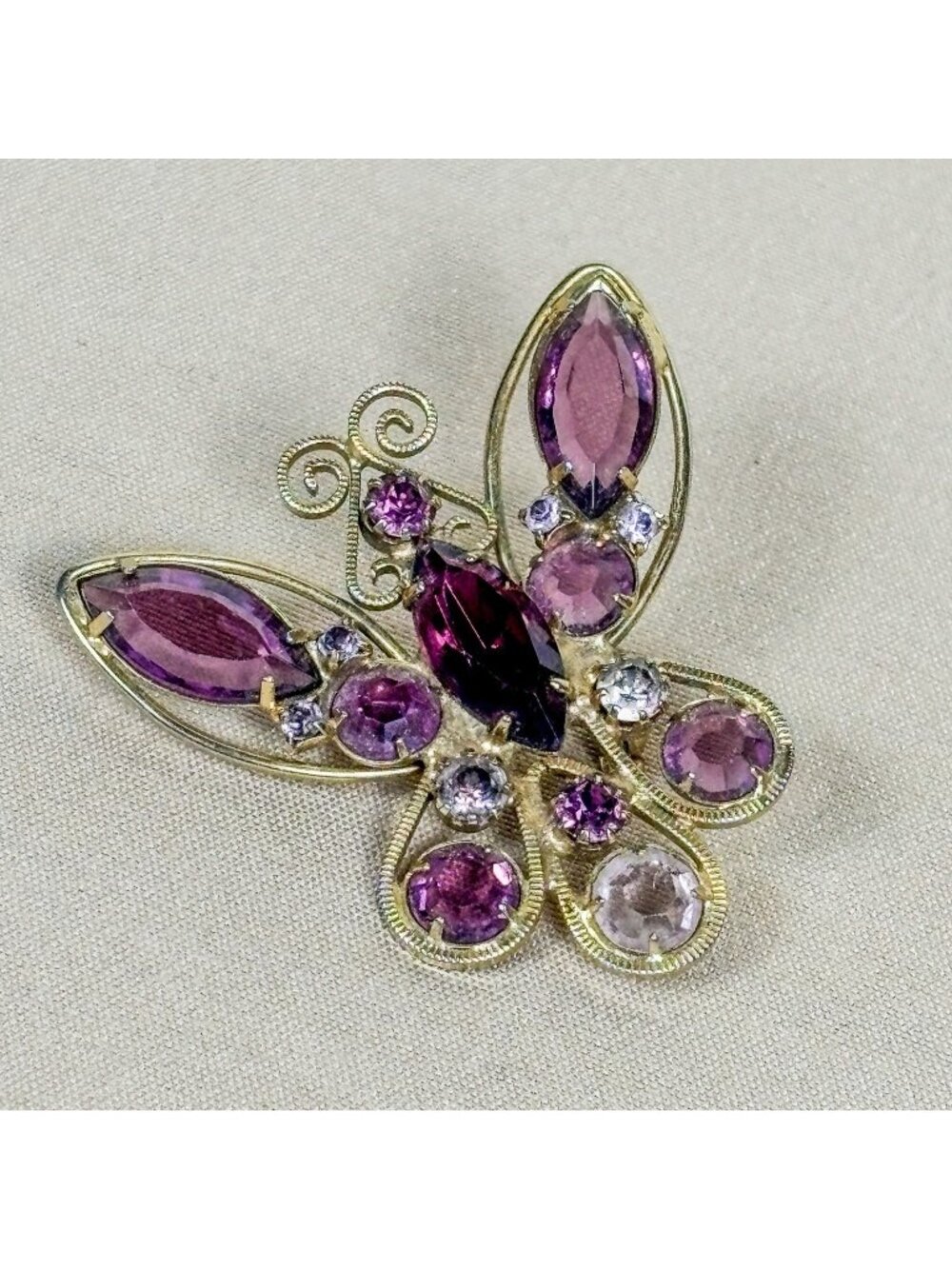 Vintage Butterfly Brooch Pin Red Pink Rhinestones Gold Tone C74